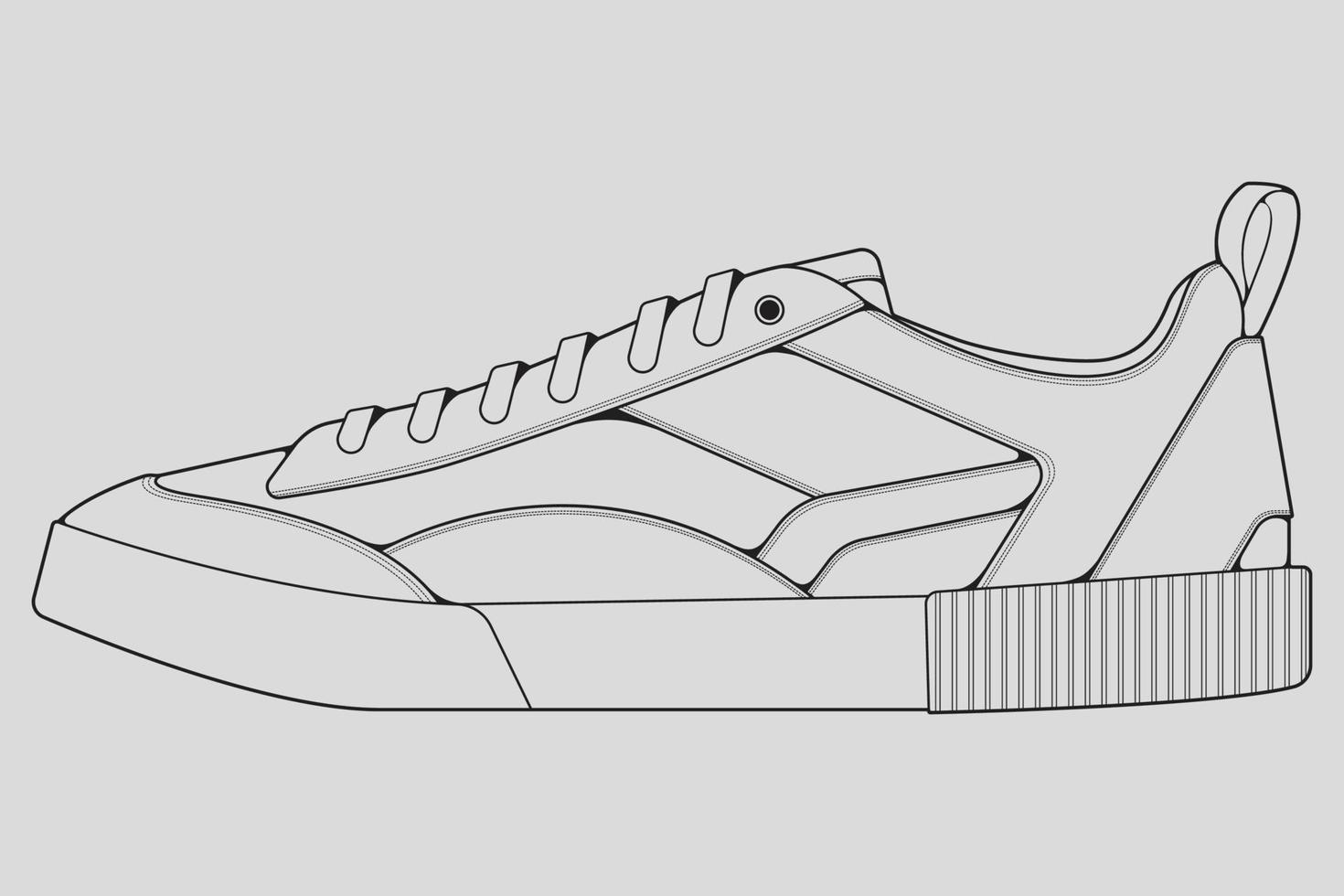 Shoes sneaker outline drawing vector, Sneakers drawn in a sketch style, black line sneaker trainers template outline, vector Illustration.