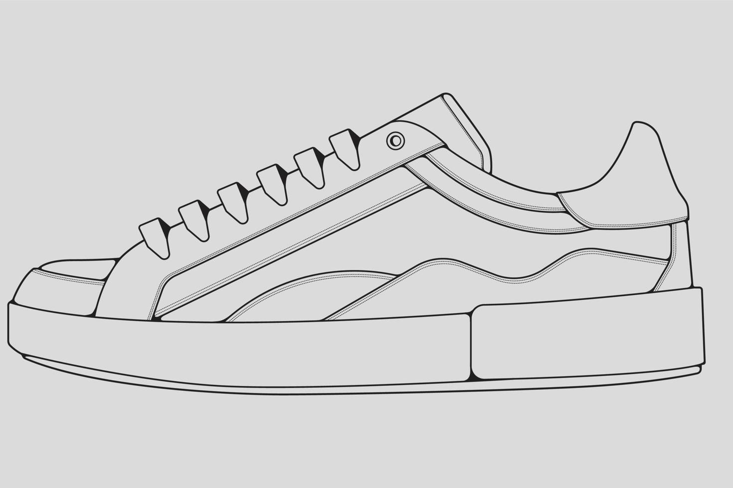 Shoes sneaker outline drawing vector, Sneakers drawn in a sketch style, black line sneaker trainers template outline, vector Illustration.