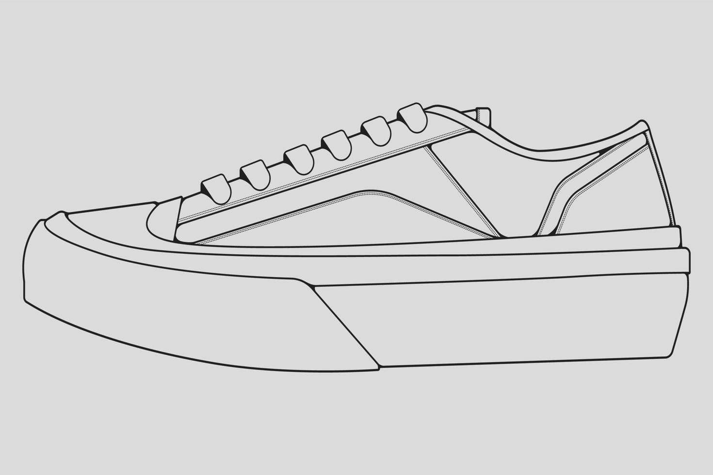 Shoes sneaker outline drawing vector, Sneakers drawn in a sketch style, black line sneaker trainers template outline, vector Illustration.