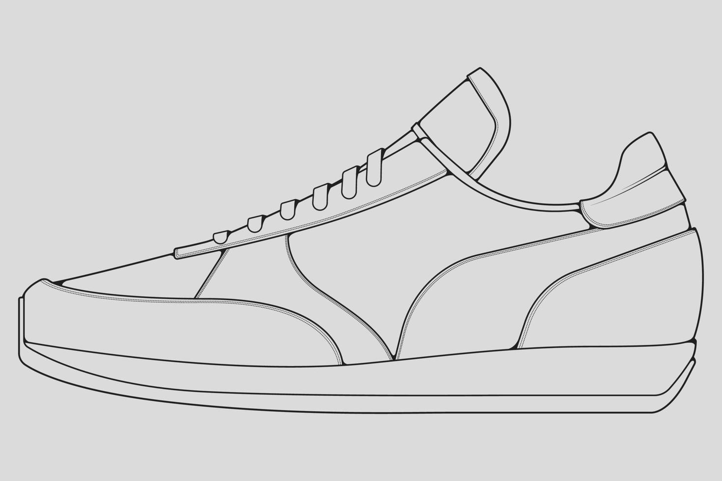 Shoes sneaker outline drawing vector, Sneakers drawn in a sketch style, black line sneaker trainers template outline, vector Illustration.