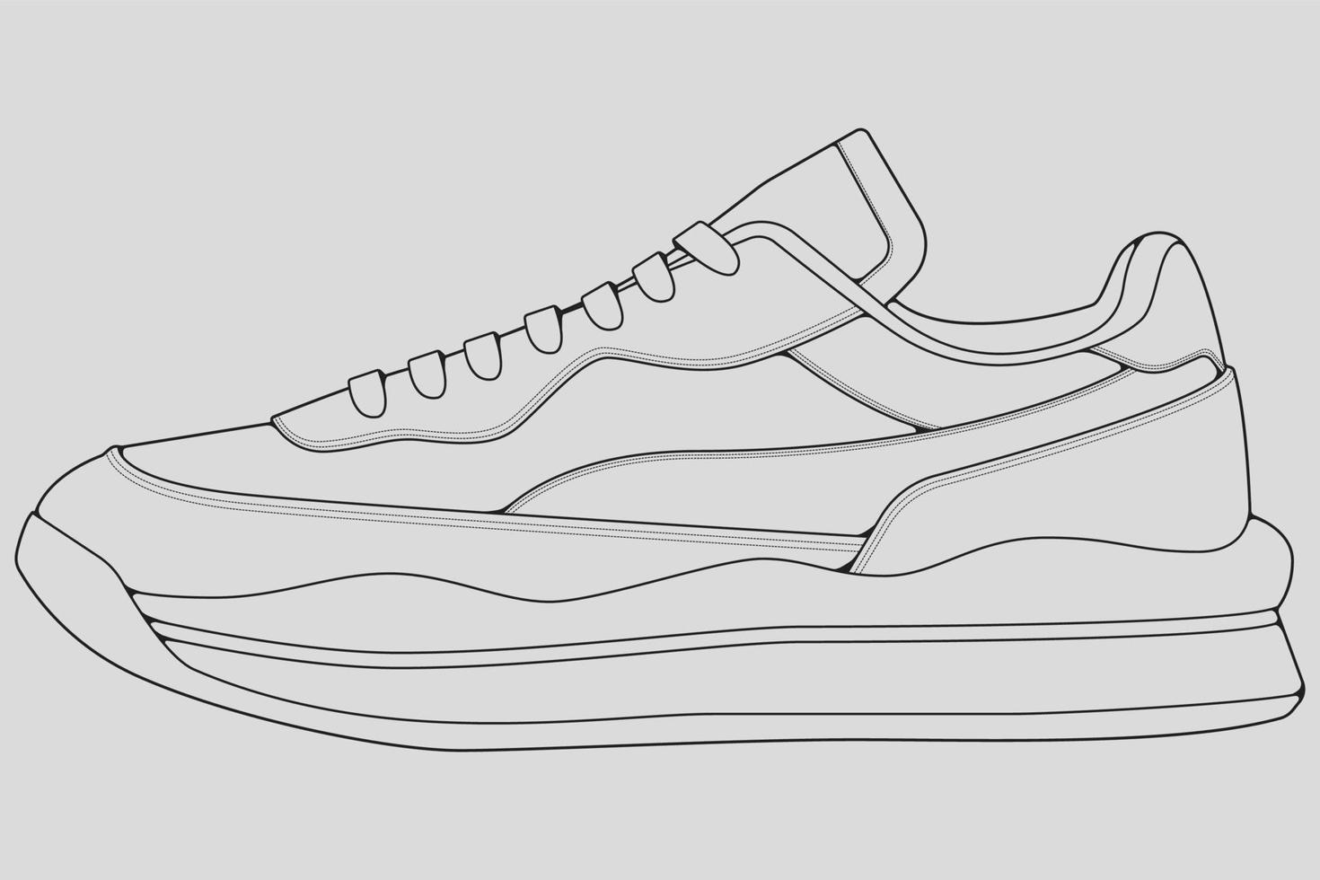 vector de dibujo de contorno de zapatillas de deporte, zapatillas dibujadas en un estilo de boceto, contorno de plantilla de zapatillas de deporte de línea negra, ilustración vectorial.