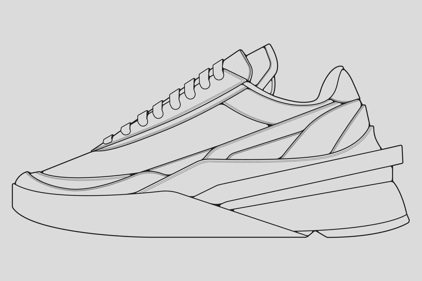 vector de dibujo de contorno de zapatillas de deporte, zapatillas dibujadas en un estilo de boceto, contorno de plantilla de zapatillas de deporte de línea negra, ilustración vectorial.