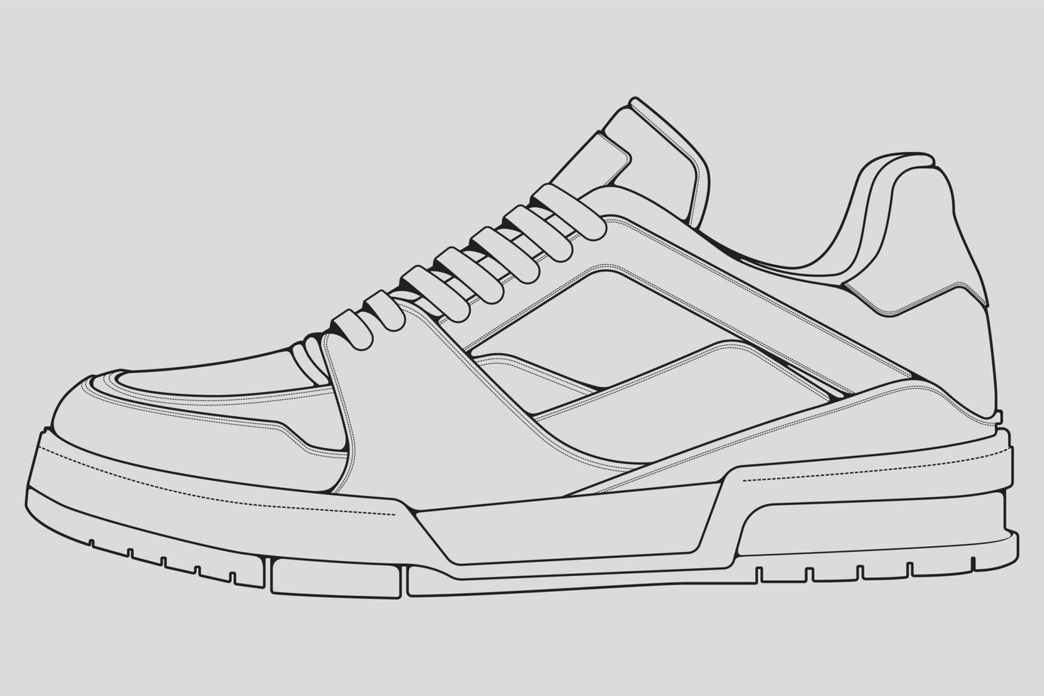 Shoes sneaker outline drawing vector, Sneakers drawn in a sketch style, black line sneaker trainers template outline, vector Illustration.