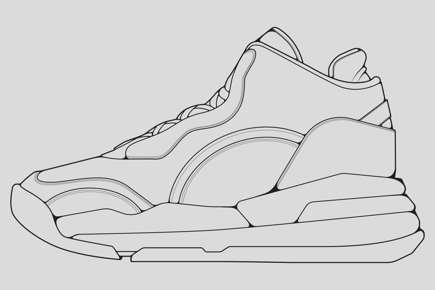 vector de dibujo de contorno de zapatillas de deporte, zapatillas dibujadas en un estilo de boceto, contorno de plantilla de zapatillas de deporte de línea negra, ilustración vectorial.