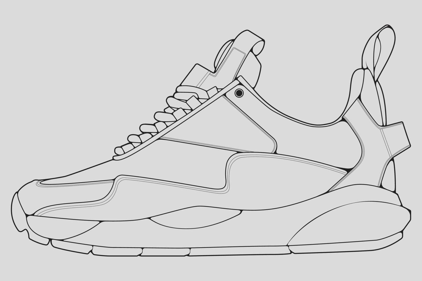 vector de dibujo de contorno de zapatillas de deporte, zapatillas dibujadas en un estilo de boceto, contorno de plantilla de zapatillas de deporte de línea negra, ilustración vectorial.