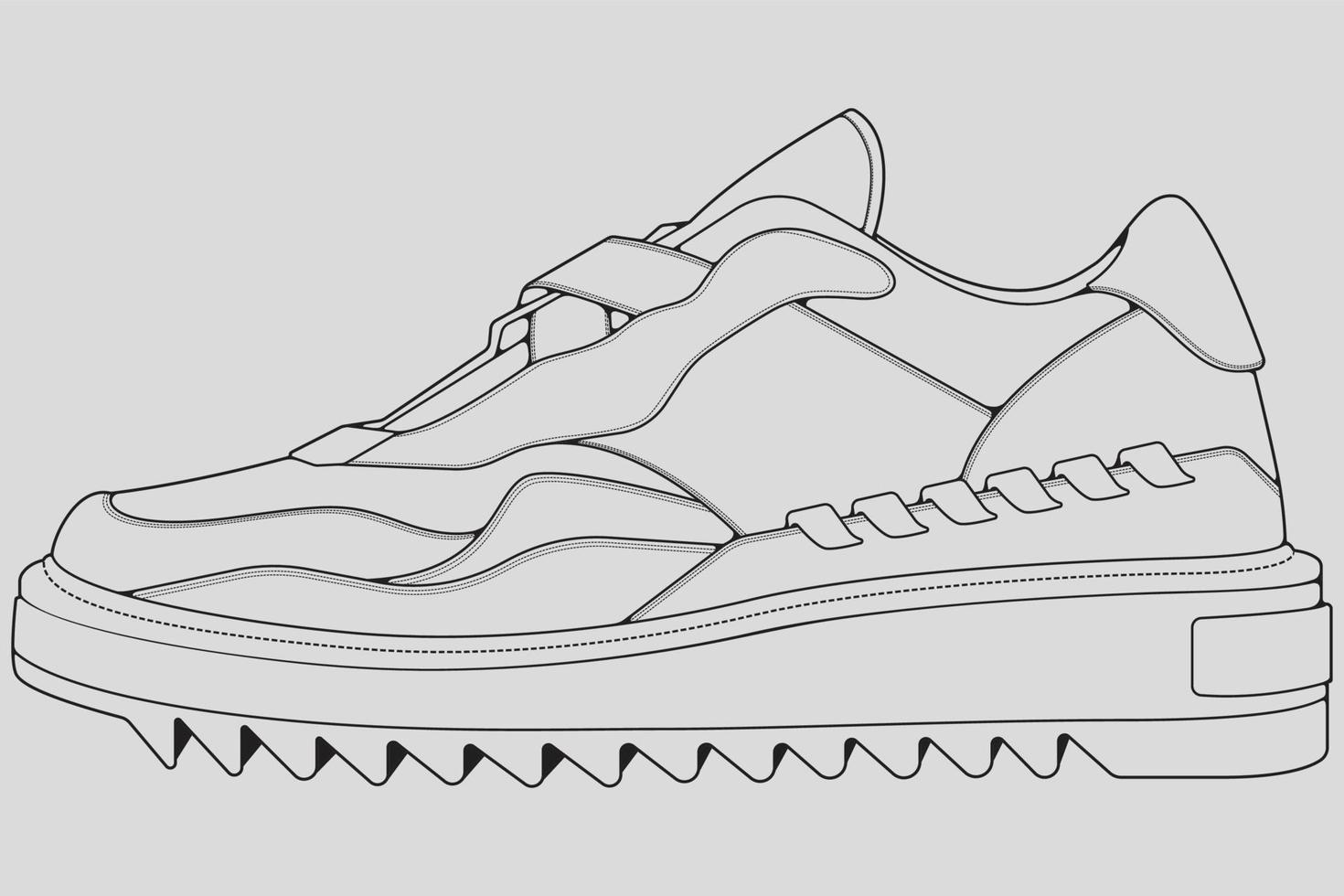 Shoes sneaker outline drawing vector, Sneakers drawn in a sketch style, black line sneaker trainers template outline, vector Illustration.