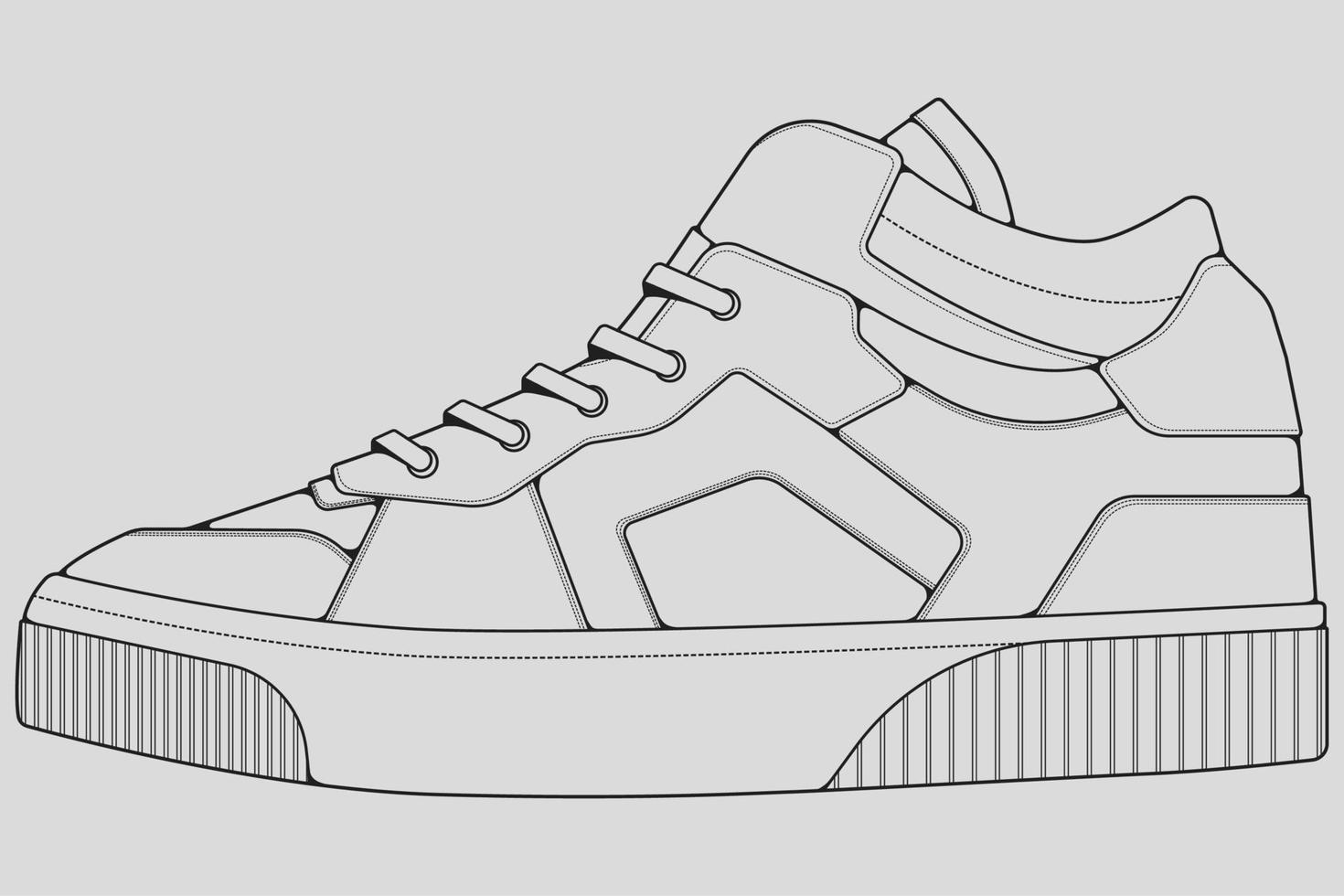 vector de dibujo de contorno de zapatillas de deporte, zapatillas dibujadas en un estilo de boceto, contorno de plantilla de zapatillas de deporte de línea negra, ilustración vectorial.