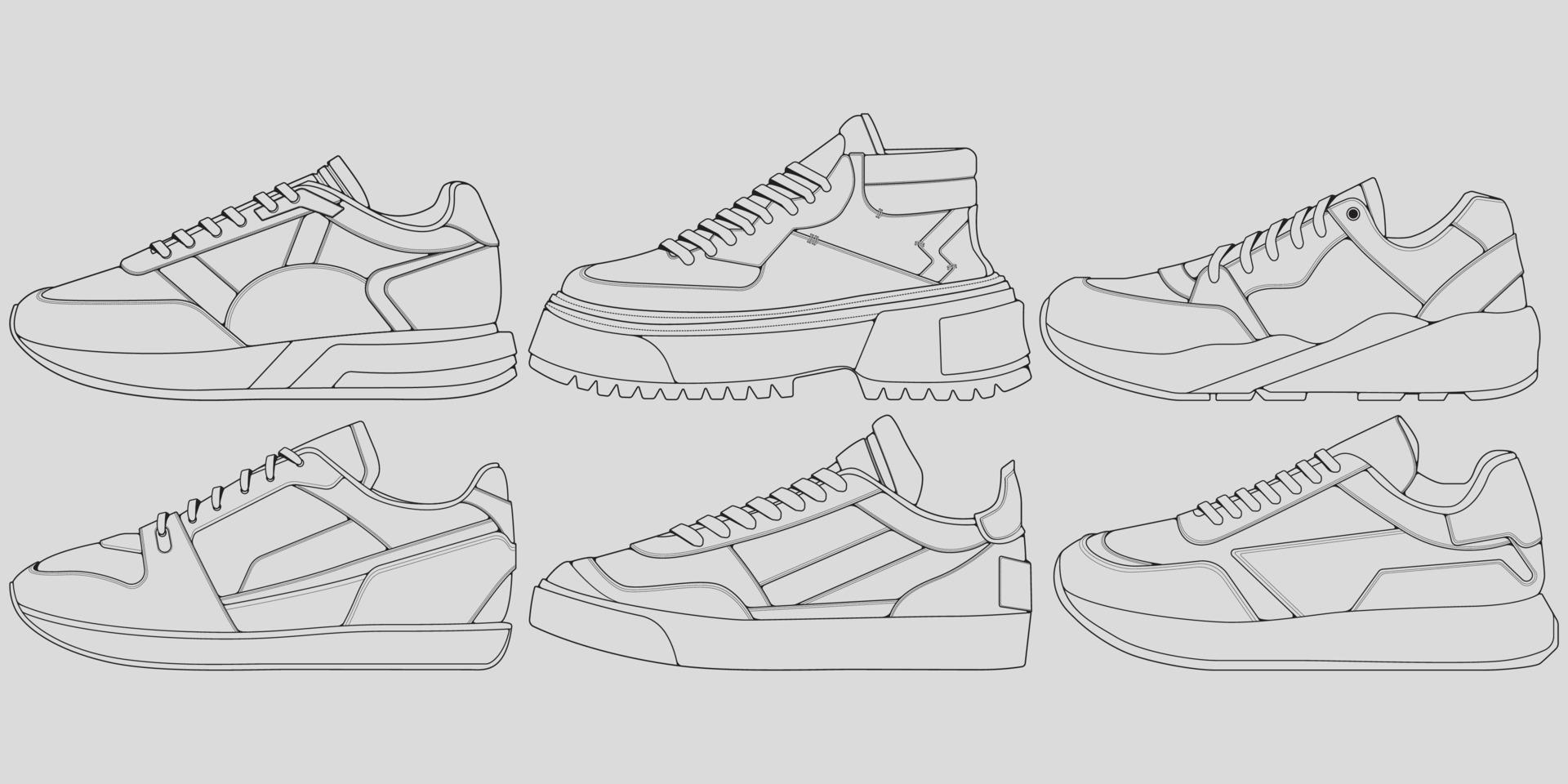 conjunto de zapatillas de deporte geniales de contorno. Vector de dibujo de contorno de zapatillas de deporte, zapatillas dibujadas en un estilo de boceto, contorno de plantilla de zapatillas de deporte, colección de conjuntos. ilustración vectorial