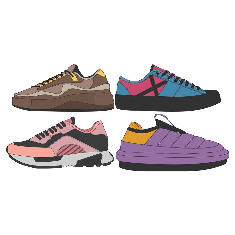 conjunto de zapatillas geniales. vector de dibujo de zapatillas de deporte, zapatillas dibujadas en un estilo de boceto, plantilla de entrenadores de zapatillas, colección de conjuntos. ilustración vectorial