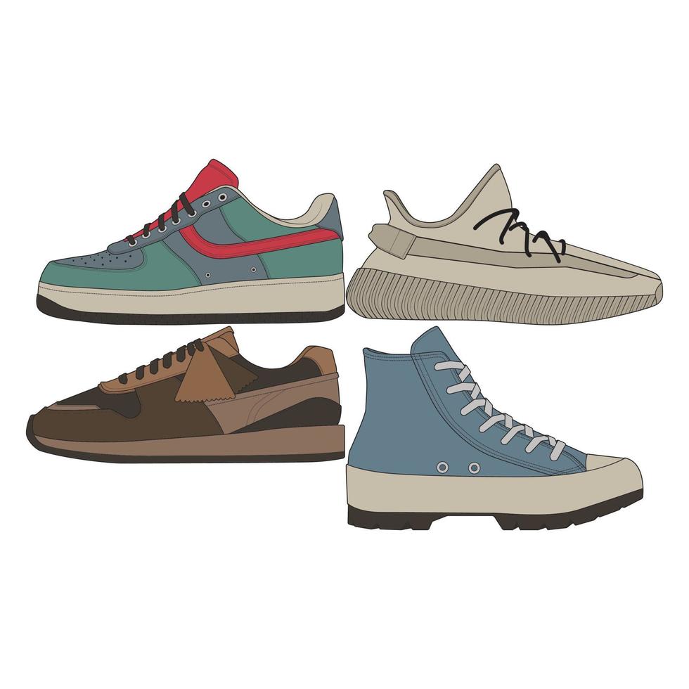 conjunto de zapatillas geniales. vector de dibujo de zapatillas de deporte, zapatillas dibujadas en un estilo de boceto, plantilla de entrenadores de zapatillas, colección de conjuntos. ilustración vectorial