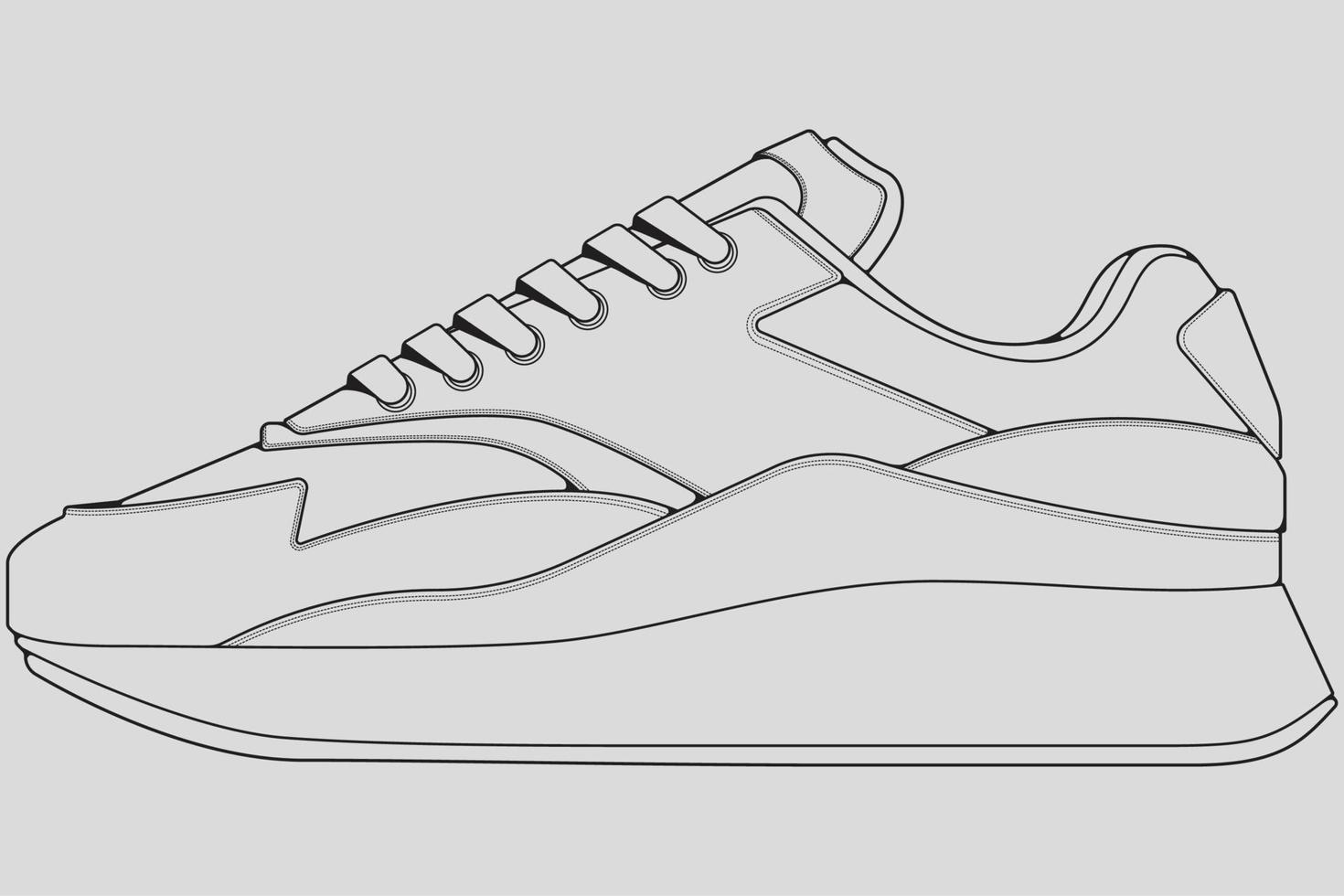 Shoes sneaker outline drawing vector, Sneakers drawn in a sketch style, black line sneaker trainers template outline, vector Illustration.