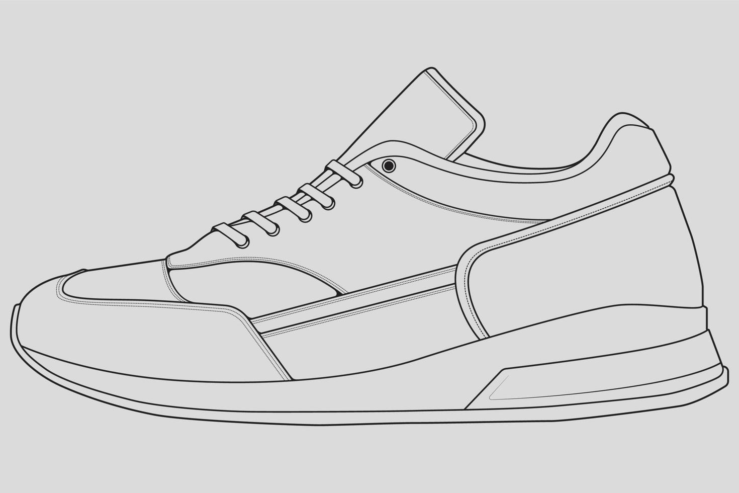 vector de dibujo de contorno de zapatillas de deporte, zapatillas dibujadas en un estilo de boceto, contorno de plantilla de zapatillas de deporte de línea negra, ilustración vectorial.