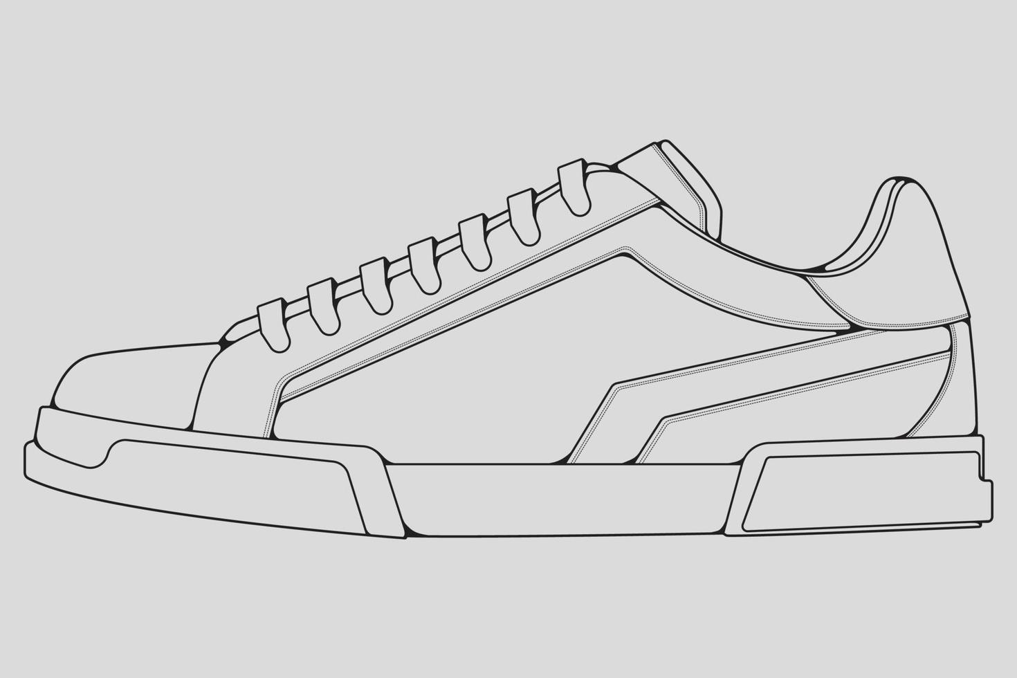 Shoes sneaker outline drawing vector, Sneakers drawn in a sketch style, black line sneaker trainers template outline, vector Illustration.