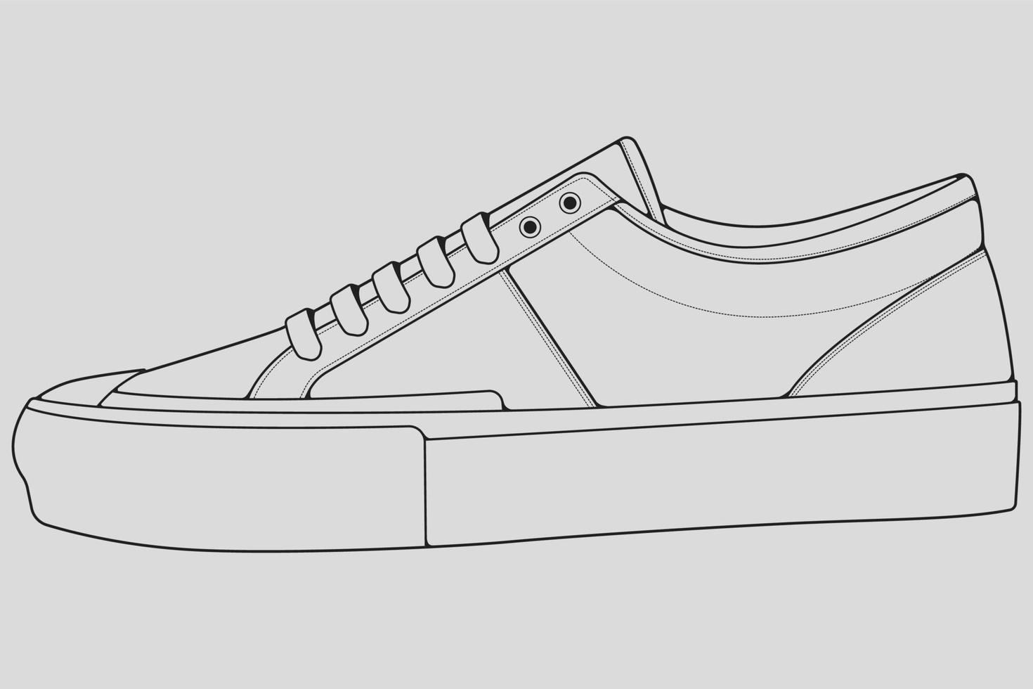 Shoes sneaker outline drawing vector, Sneakers drawn in a sketch style, black line sneaker trainers template outline, vector Illustration.