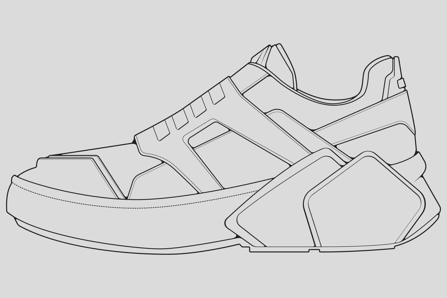 vector de dibujo de contorno de zapatillas de deporte, zapatillas dibujadas en un estilo de boceto, contorno de plantilla de zapatillas de deporte de línea negra, ilustración vectorial.