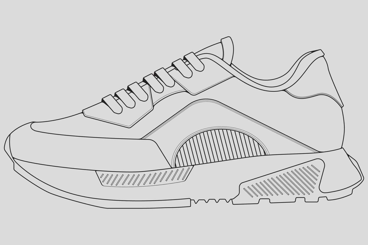 vector de dibujo de contorno de zapatillas de deporte, zapatillas dibujadas en un estilo de boceto, contorno de plantilla de zapatillas de deporte de línea negra, ilustración vectorial.