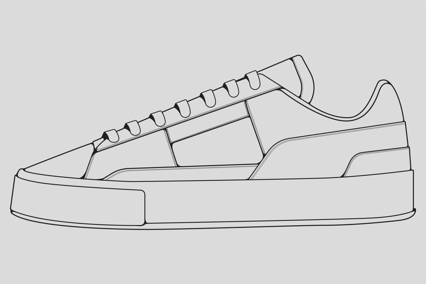 Shoes sneaker outline drawing vector, Sneakers drawn in a sketch style, black line sneaker trainers template outline, vector Illustration.