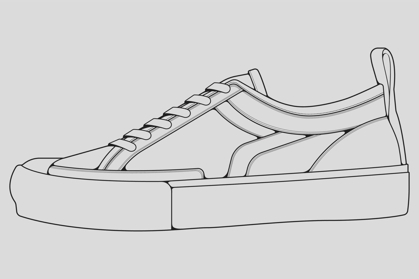 Shoes sneaker outline drawing vector, Sneakers drawn in a sketch style, black line sneaker trainers template outline, vector Illustration.
