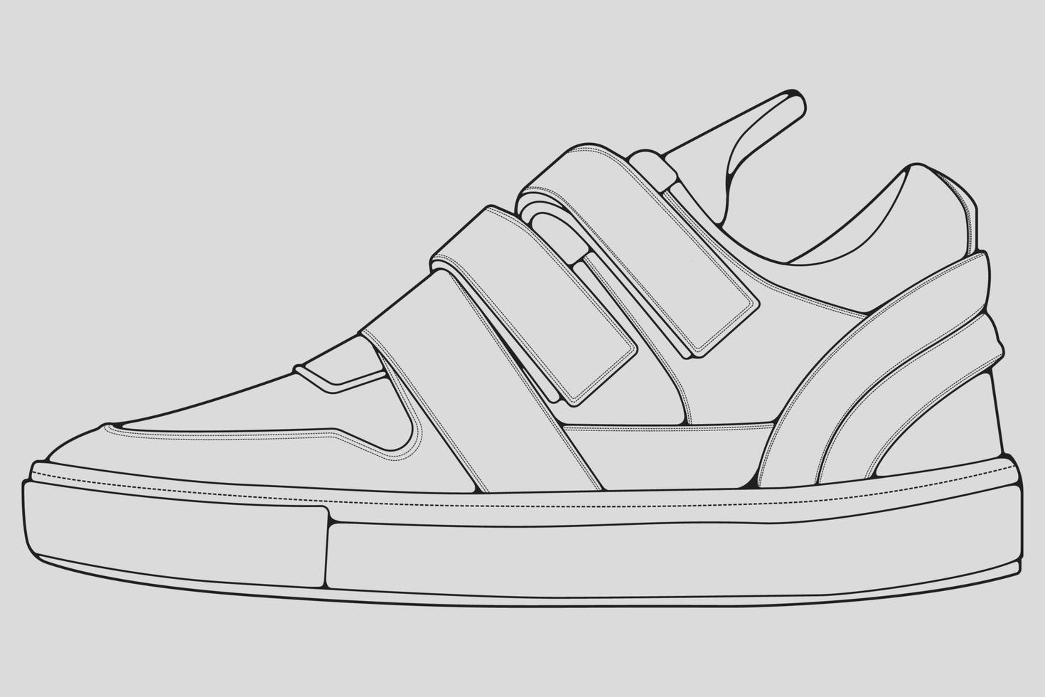 vector de dibujo de contorno de zapatillas de deporte, zapatillas dibujadas en un estilo de boceto, contorno de plantilla de zapatillas de deporte de línea negra, ilustración vectorial.