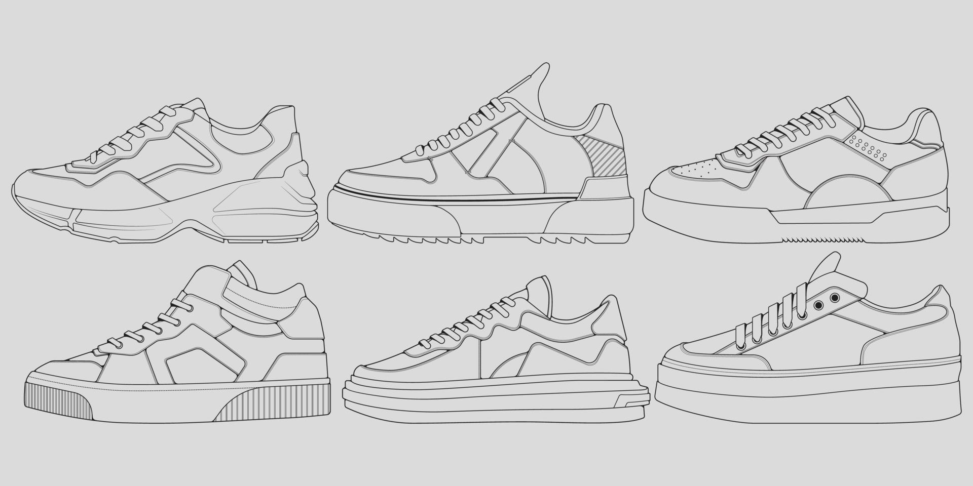 conjunto de zapatillas de deporte geniales de contorno. Vector de dibujo de contorno de zapatillas de deporte, zapatillas dibujadas en un estilo de boceto, contorno de plantilla de zapatillas de deporte, colección de conjuntos. ilustración vectorial