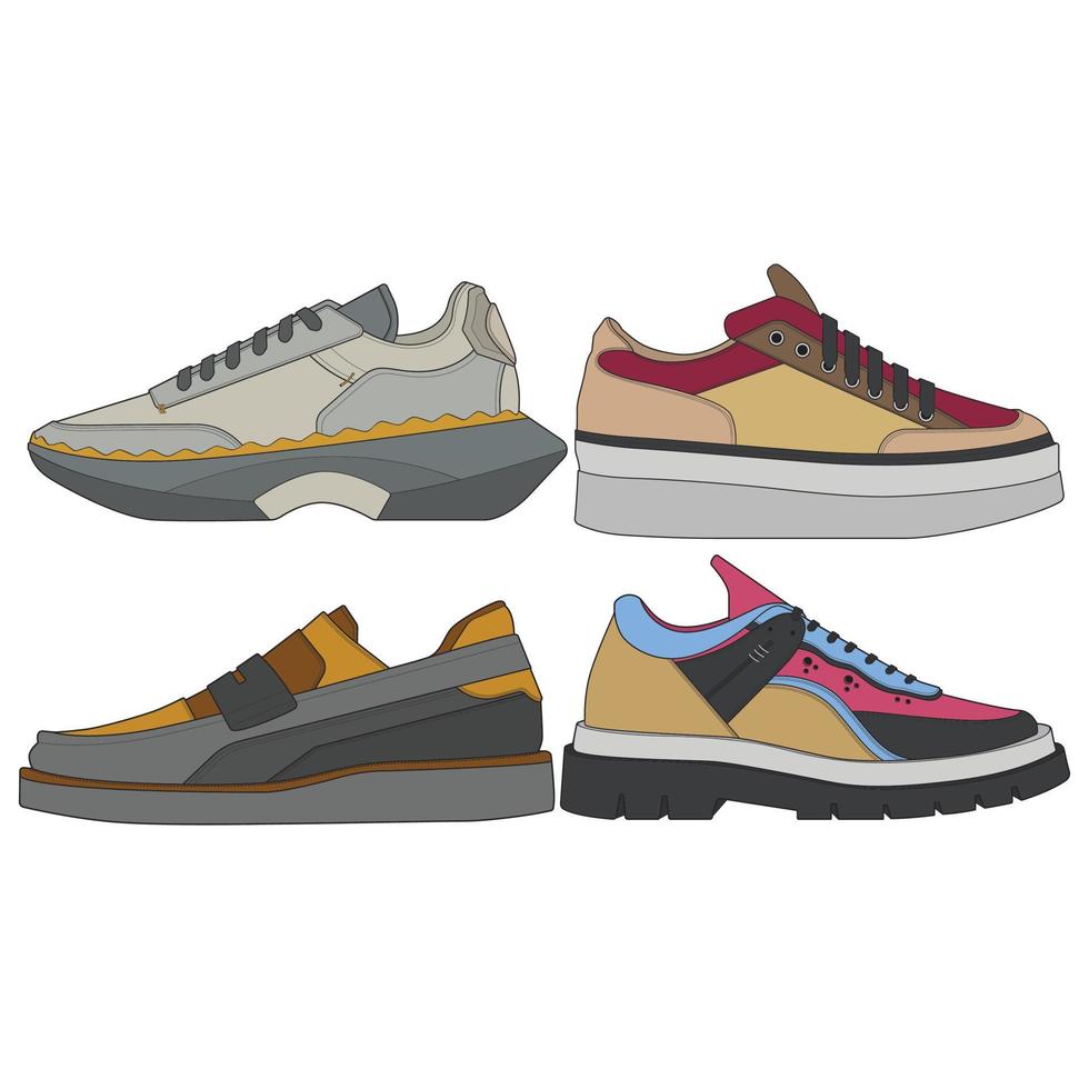 conjunto de zapatillas geniales. vector de dibujo de zapatillas de deporte, zapatillas dibujadas en un estilo de boceto, plantilla de entrenadores de zapatillas, colección de conjuntos. ilustración vectorial