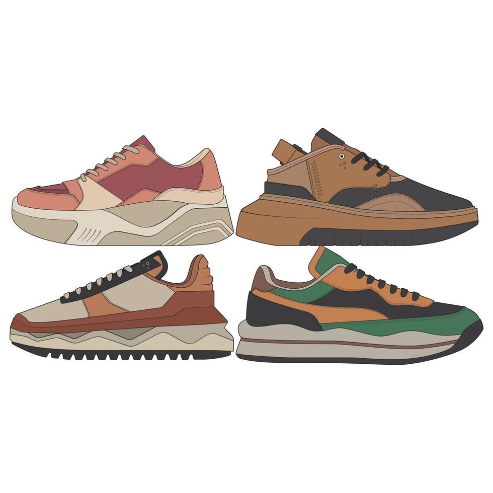 conjunto de zapatillas geniales. vector de dibujo de zapatillas de deporte, zapatillas dibujadas en un estilo de boceto, plantilla de entrenadores de zapatillas, colección de conjuntos. ilustración vectorial