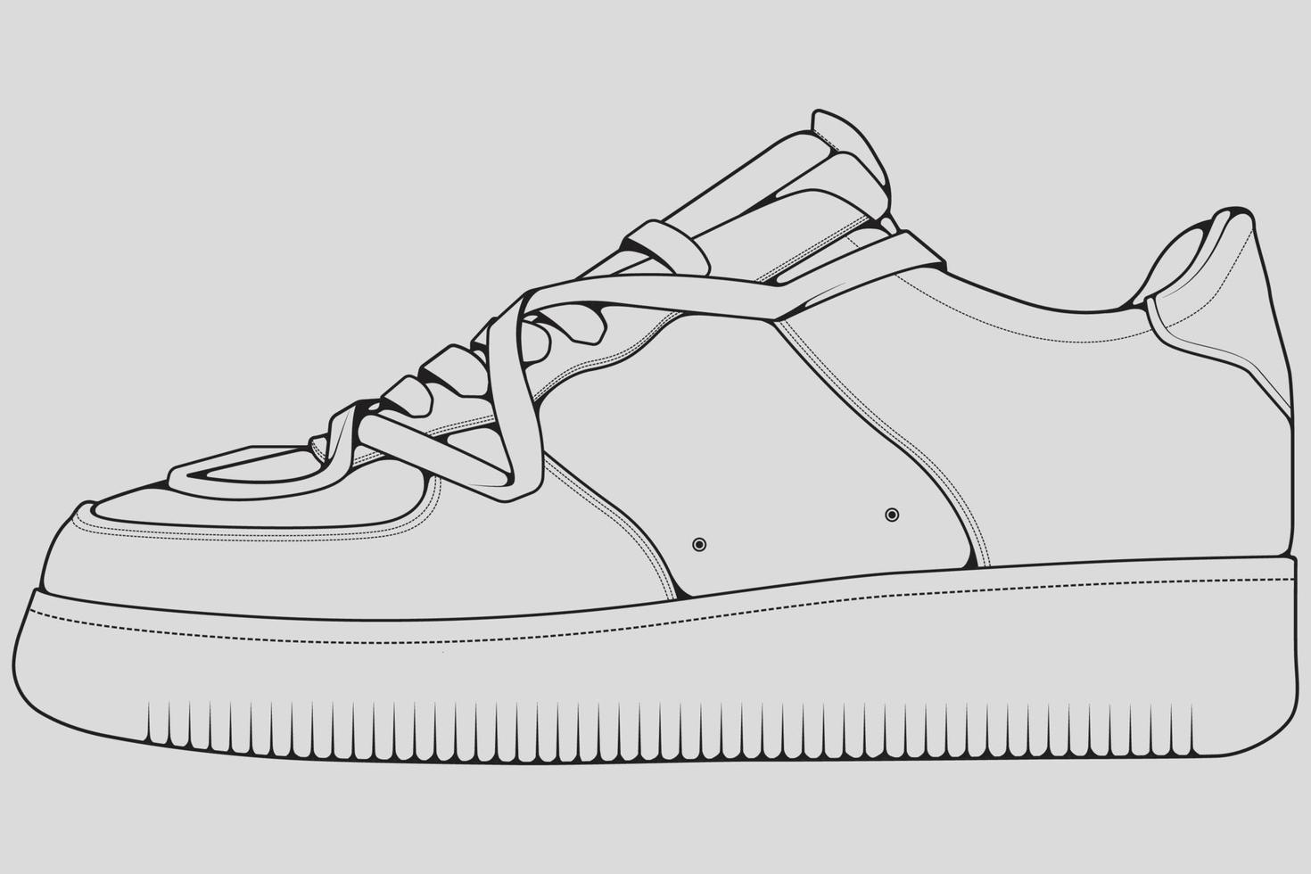 vector de dibujo de contorno de zapatillas de deporte, zapatillas dibujadas en un estilo de boceto, contorno de plantilla de zapatillas de deporte de línea negra, ilustración vectorial.