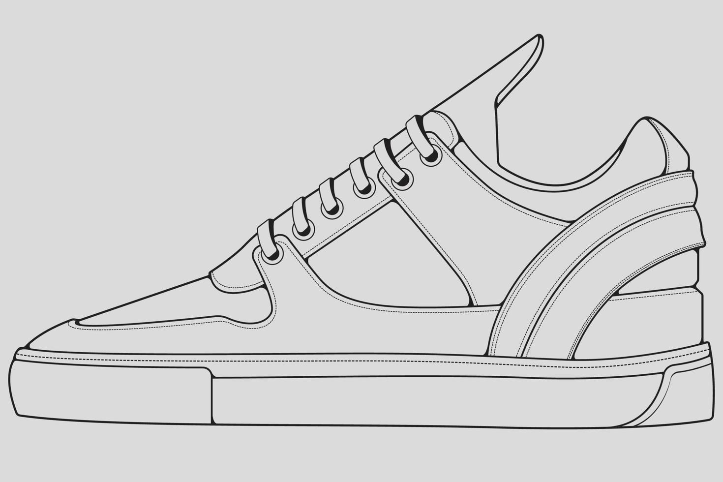 Shoes sneaker outline drawing vector, Sneakers drawn in a sketch style, black line sneaker trainers template outline, vector Illustration.