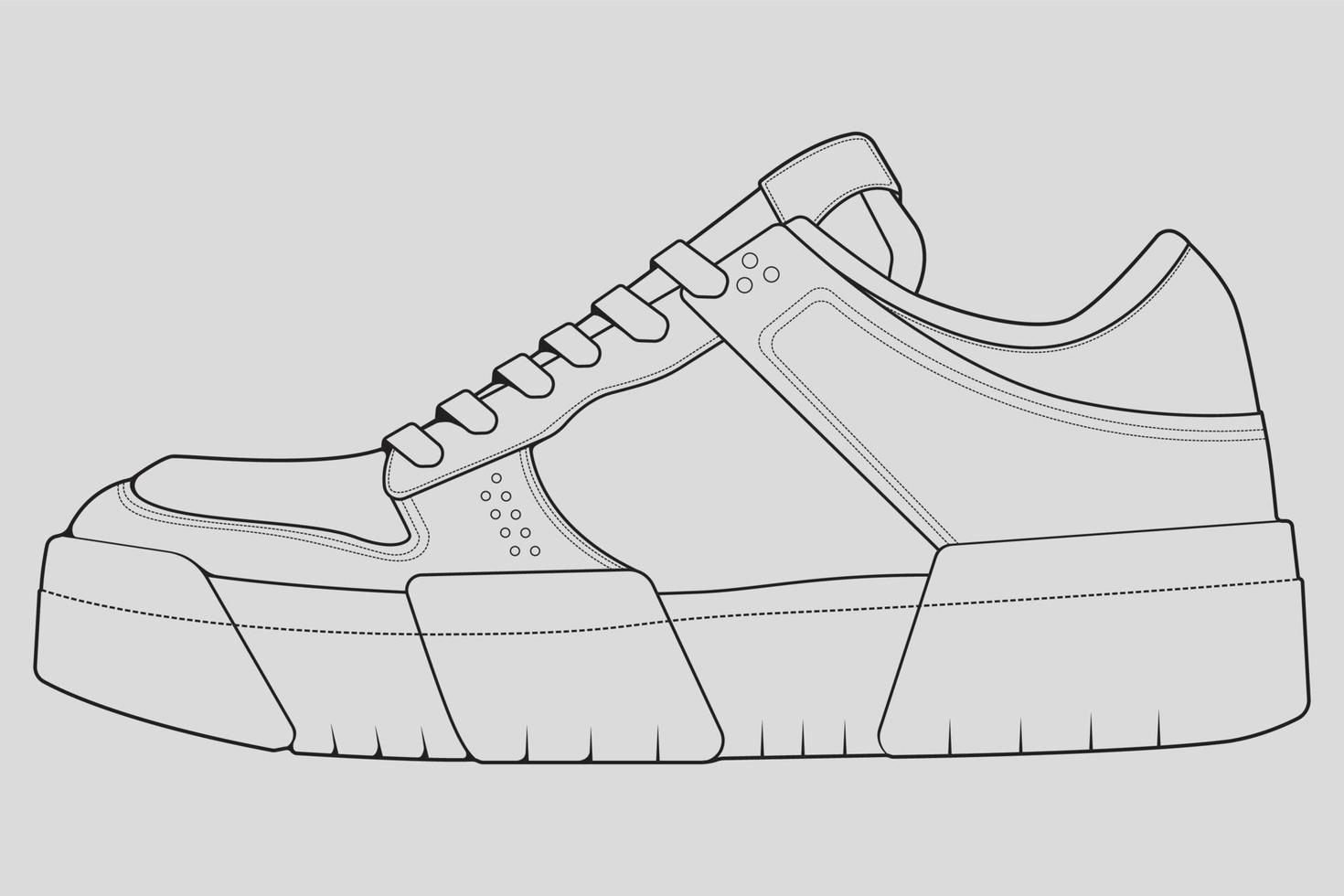 vector de dibujo de contorno de zapatillas de deporte, zapatillas dibujadas en un estilo de boceto, contorno de plantilla de zapatillas de deporte de línea negra, ilustración vectorial.