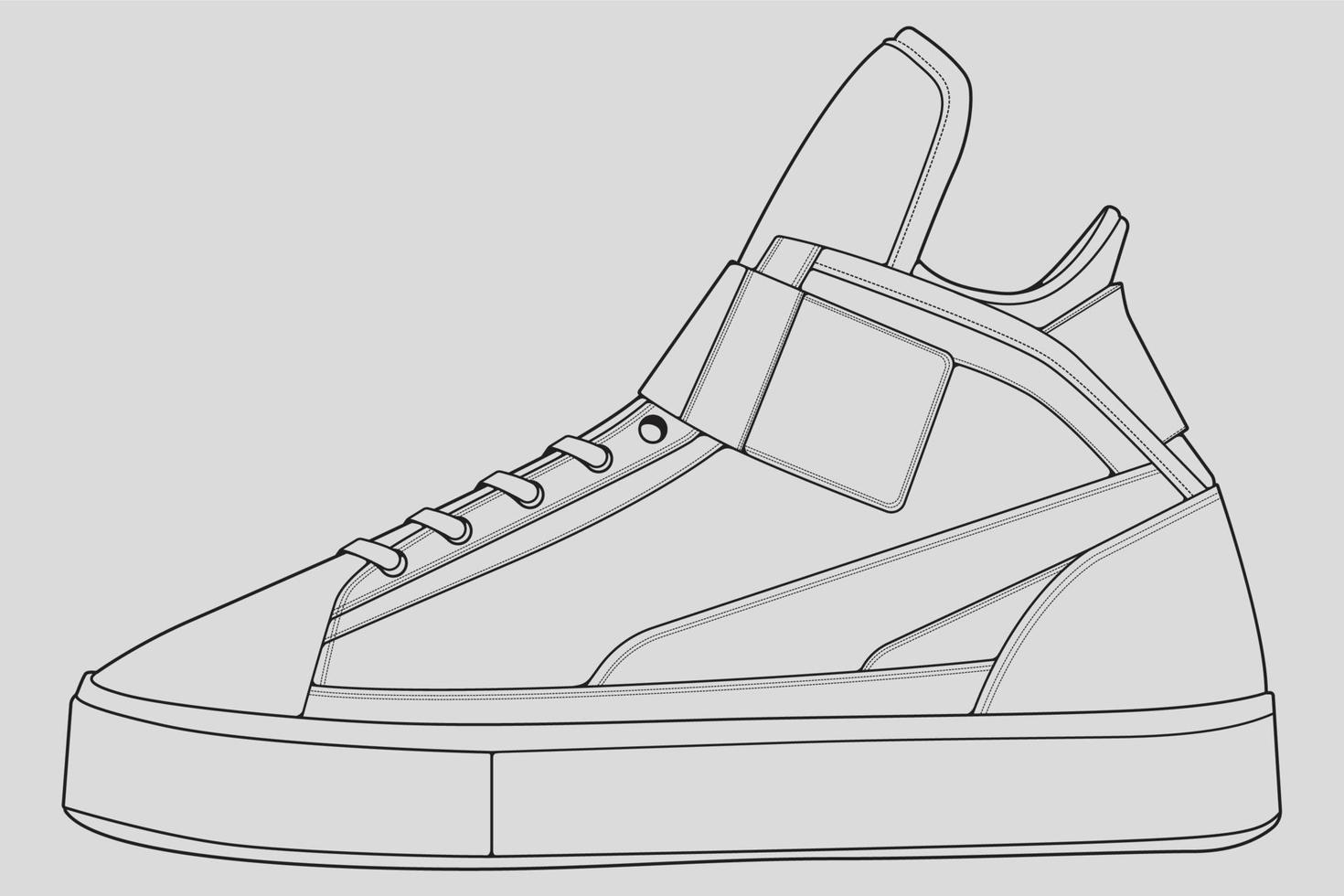 vector de dibujo de contorno de zapatillas de deporte, zapatillas dibujadas en un estilo de boceto, contorno de plantilla de zapatillas de deporte de línea negra, ilustración vectorial.