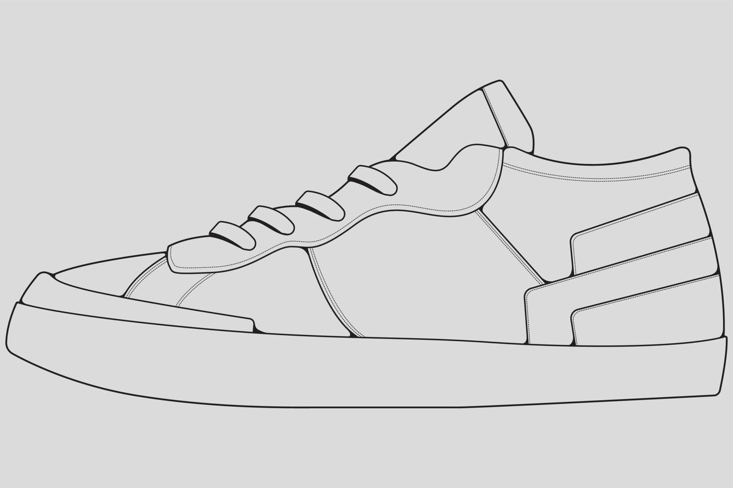 Shoes sneaker outline drawing vector, Sneakers drawn in a sketch style, black line sneaker trainers template outline, vector Illustration.