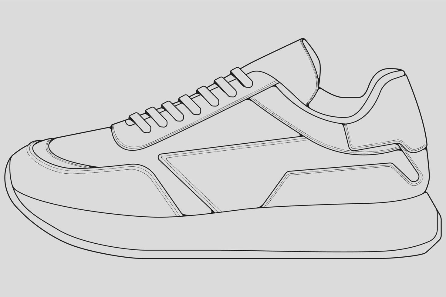 Shoes sneaker outline drawing vector, Sneakers drawn in a sketch style, black line sneaker trainers template outline, vector Illustration.