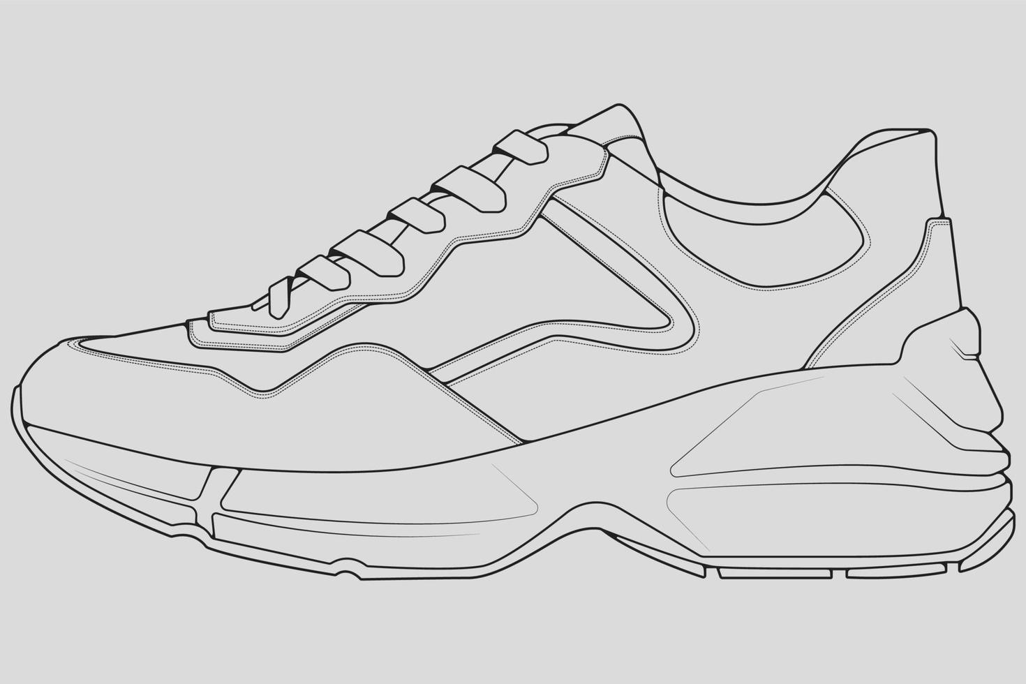 Shoes sneaker outline drawing vector, Sneakers drawn in a sketch style, black line sneaker trainers template outline, vector Illustration.