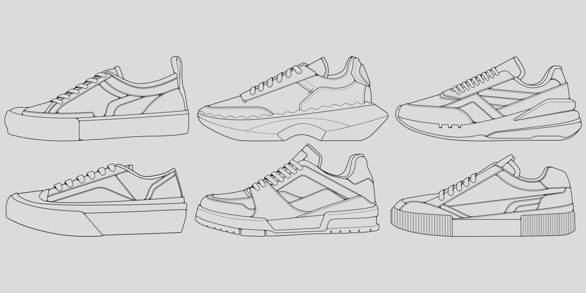 set of outline Cool Sneakers. Shoes sneaker outline drawing vector, Sneakers drawn in a sketch style, sneaker trainers template outline, Set Collection. vector Illustration.