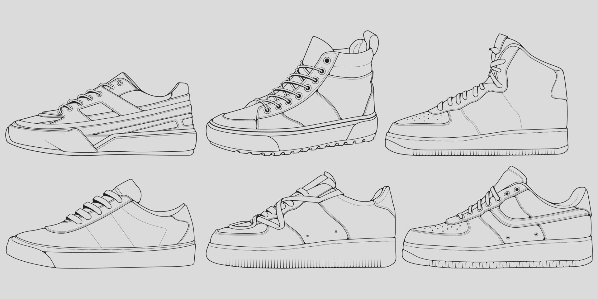 conjunto de zapatillas de deporte geniales de contorno. Vector de dibujo de contorno de zapatillas de deporte, zapatillas dibujadas en un estilo de boceto, contorno de plantilla de zapatillas de deporte, colección de conjuntos. ilustración vectorial