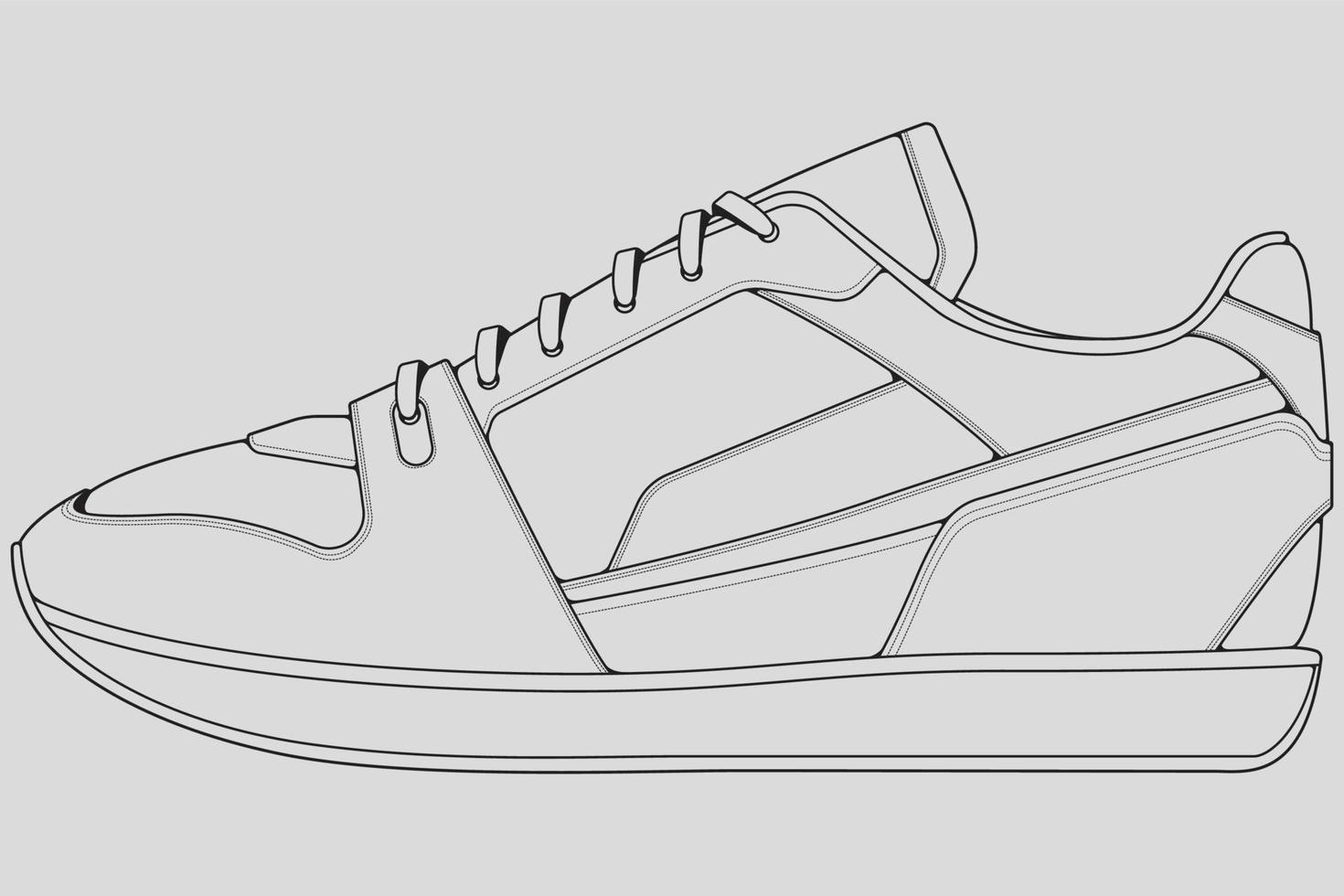 Shoes sneaker outline drawing vector, Sneakers drawn in a sketch style, black line sneaker trainers template outline, vector Illustration.