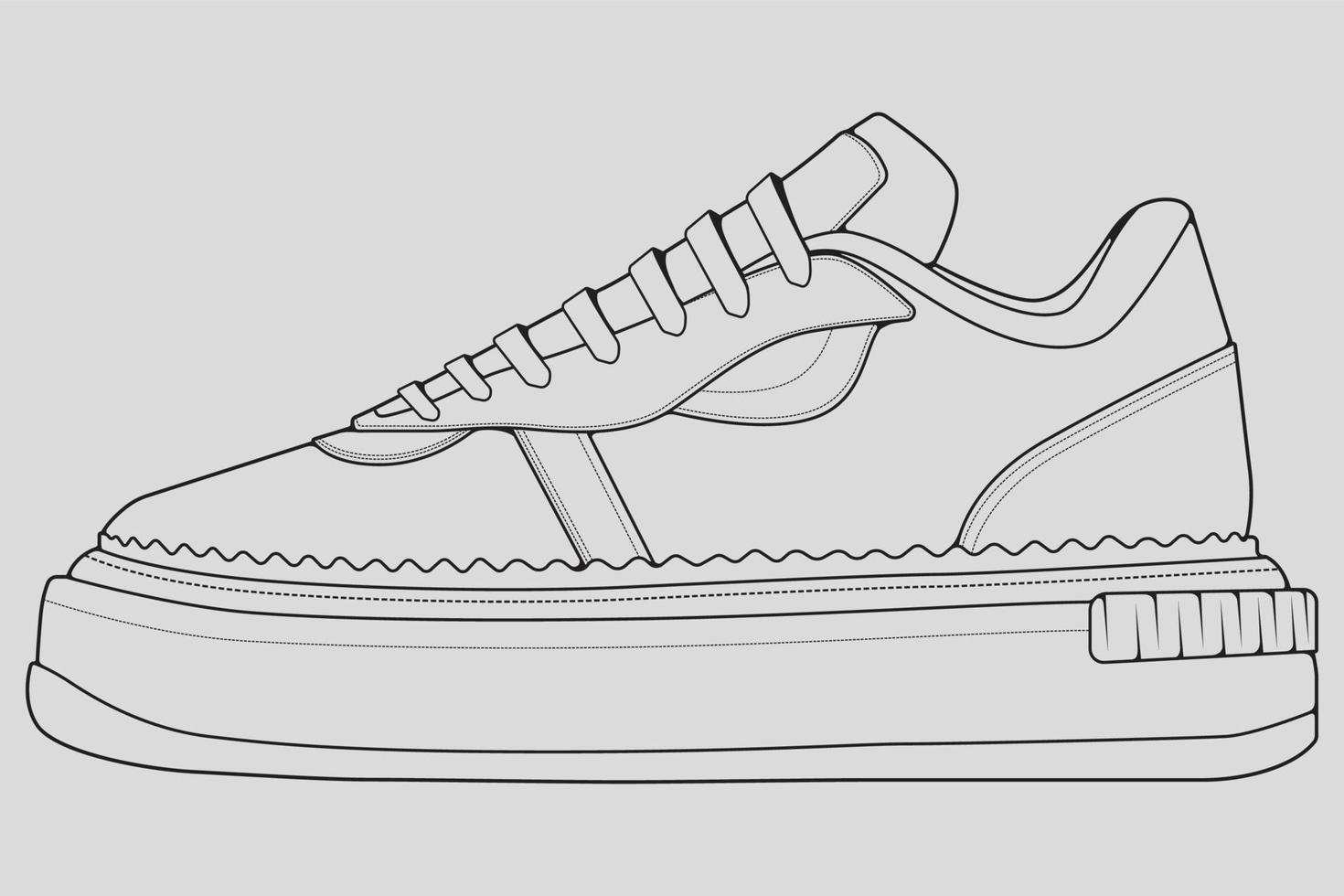 vector de dibujo de contorno de zapatillas de deporte, zapatillas dibujadas en un estilo de boceto, contorno de plantilla de zapatillas de deporte de línea negra, ilustración vectorial.