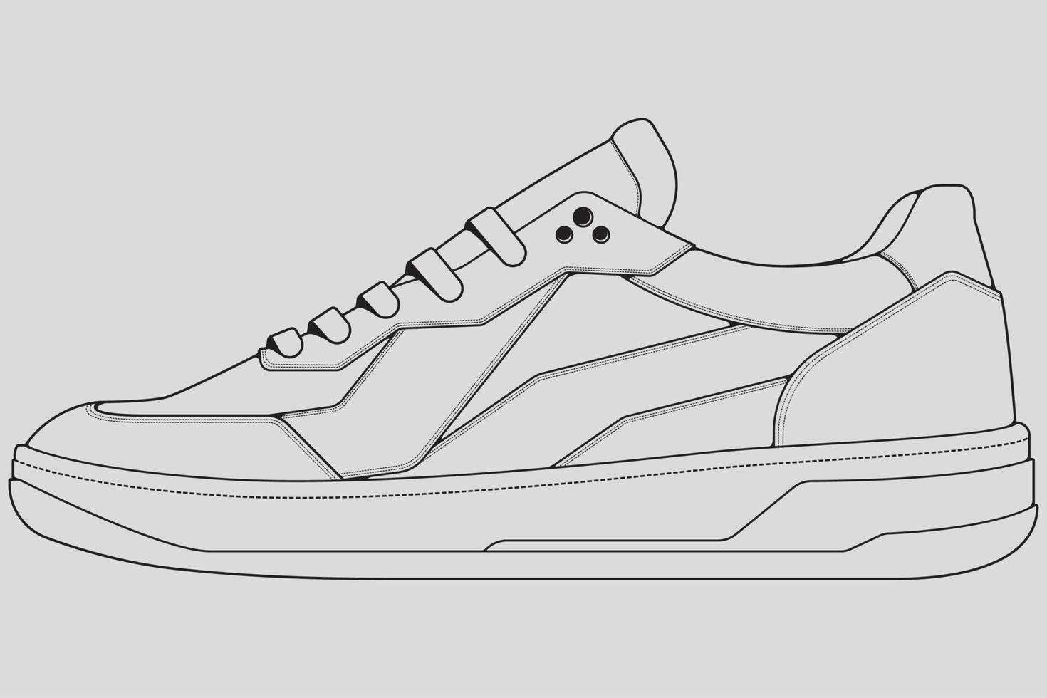 Shoes sneaker outline drawing vector, Sneakers drawn in a sketch style, black line sneaker trainers template outline, vector Illustration.