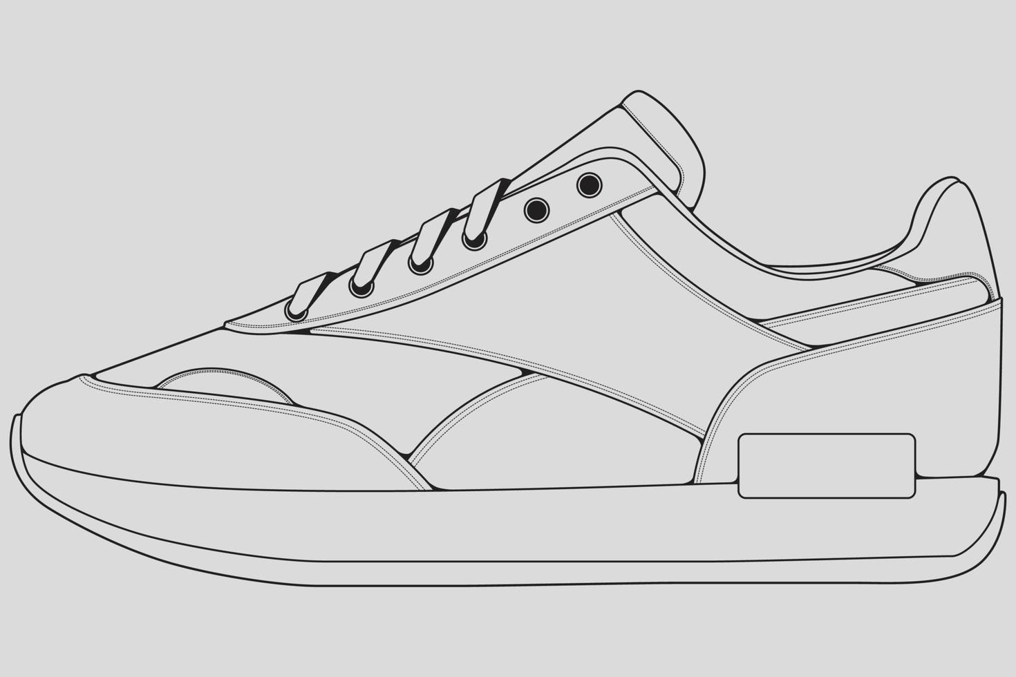 vector de dibujo de contorno de zapatillas de deporte, zapatillas dibujadas en un estilo de boceto, contorno de plantilla de zapatillas de deporte de línea negra, ilustración vectorial.