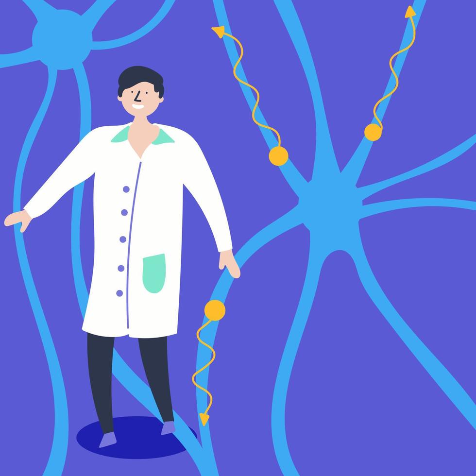 A scientist makes his way through artificial neurons. Scientific experiment vector