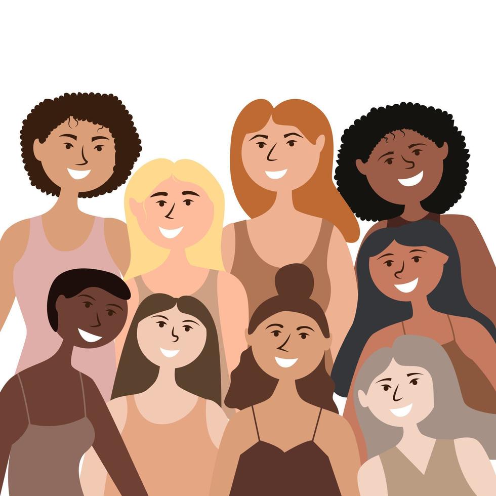 un grupo de chicas fuertes e independientes de diferentes nacionalidades. Igualdad de género y poder de las mujeres. vector