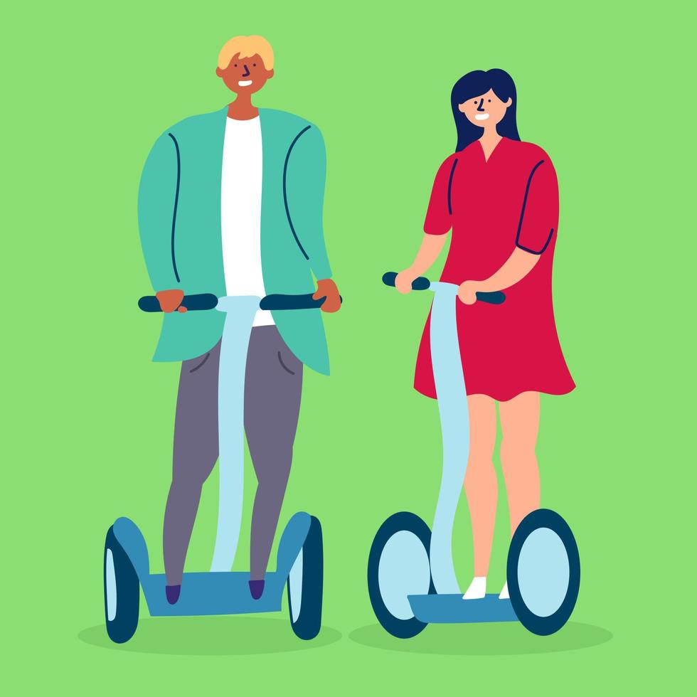A young couple girl and boyfriend ride a hoverboard. Eco-friendly transport vector