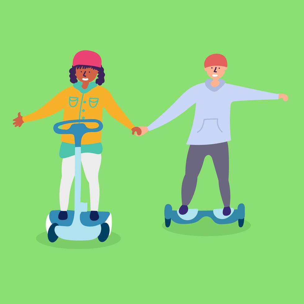 Children ride on electronic transport hoverboard.Eco-friendly transport vector