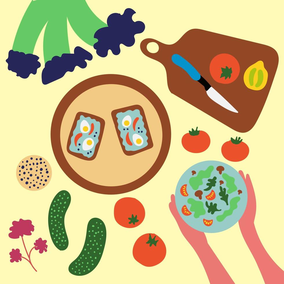 Still life. The table is set with tasty and healthy food. Healthy food vector