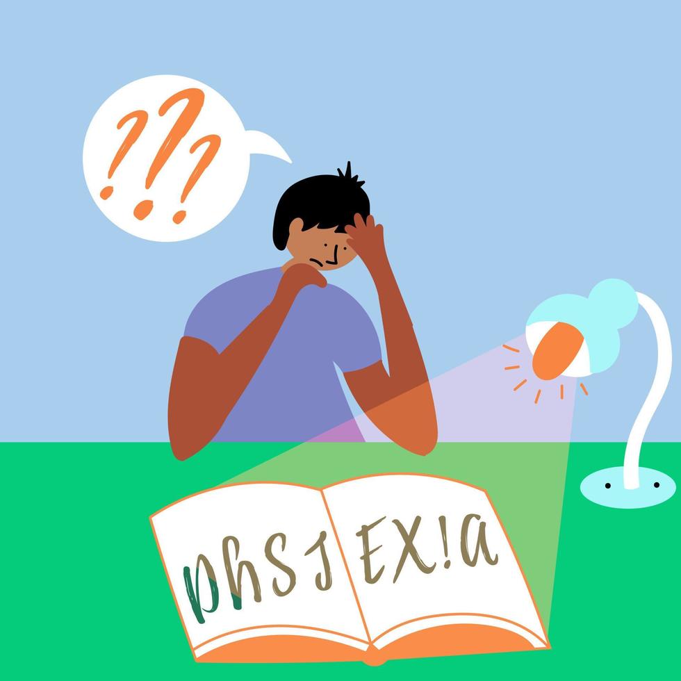 The boy is trying to read a book. Invisible Disorder Dyslexia. Dyslexia in the boy vector