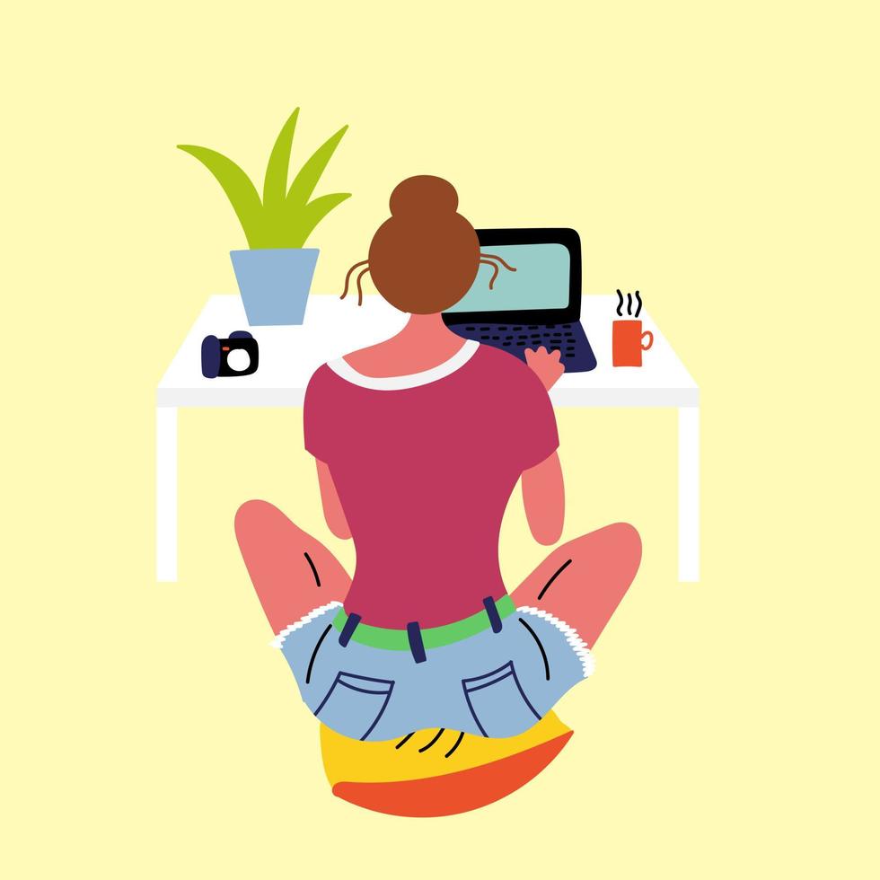 Girl resting sitting on a pillow and looking into a laptop. Satisfied people in comfort. Nordic concepts vector