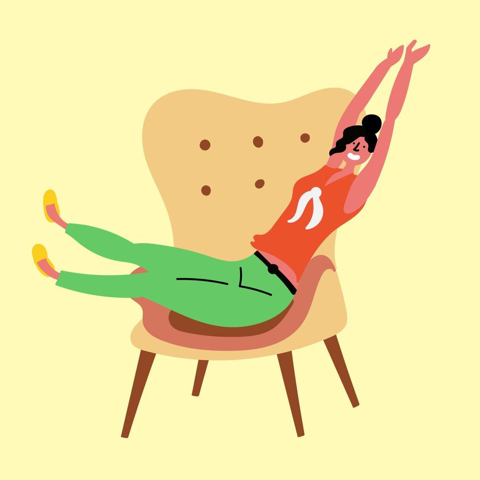 The girl is resting on the chair and stretching the body. Satisfied people in comfort. Nordic concepts vector