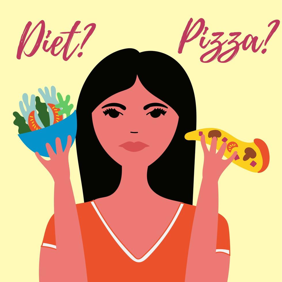 The girl thinks what to choose a diet or pizza. Healthy food vector