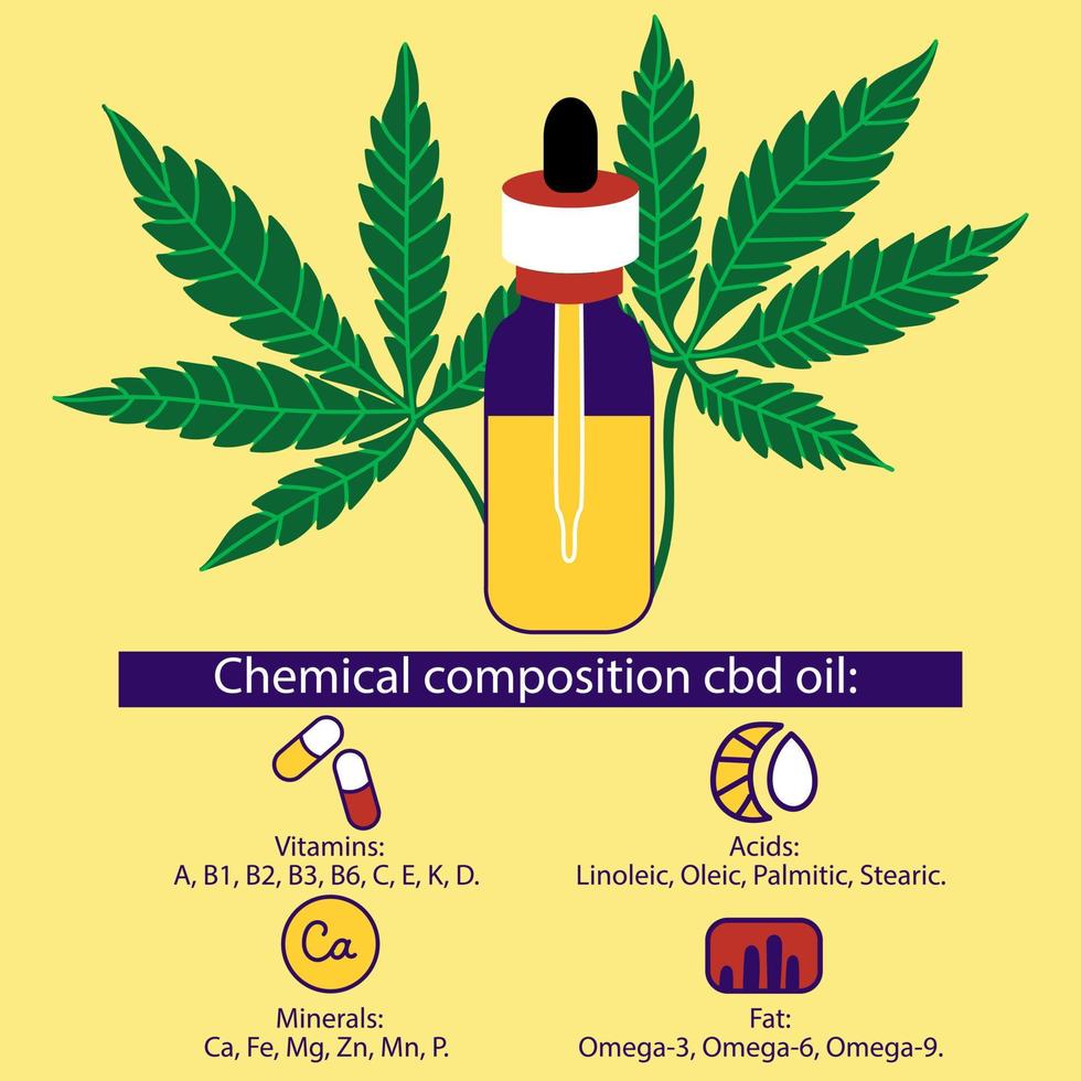 la composición química del aceite médico cbd. botella con una pipeta para aceite. propiedades útiles del aceite de cannabis vector