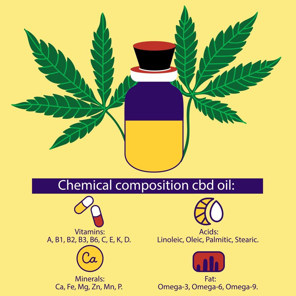 la composición química del aceite terapéutico cbd. botella para aceite. propiedades útiles del aceite de cannabis vector